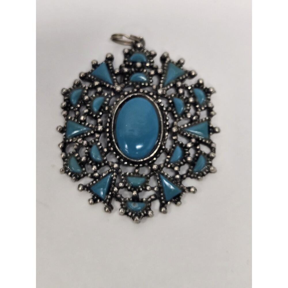 Vintage Silver Tone Faux Turquoise Pendant 1.5 x 2 Inches Southwestern Western